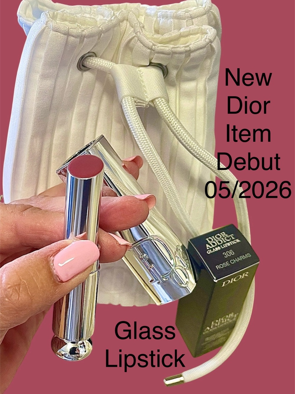 2Pc Dior NIB Glass Lipstick Rose Charms & Cosmetic Bag +sample scent & LgGiftBox - Picture 2 of 16